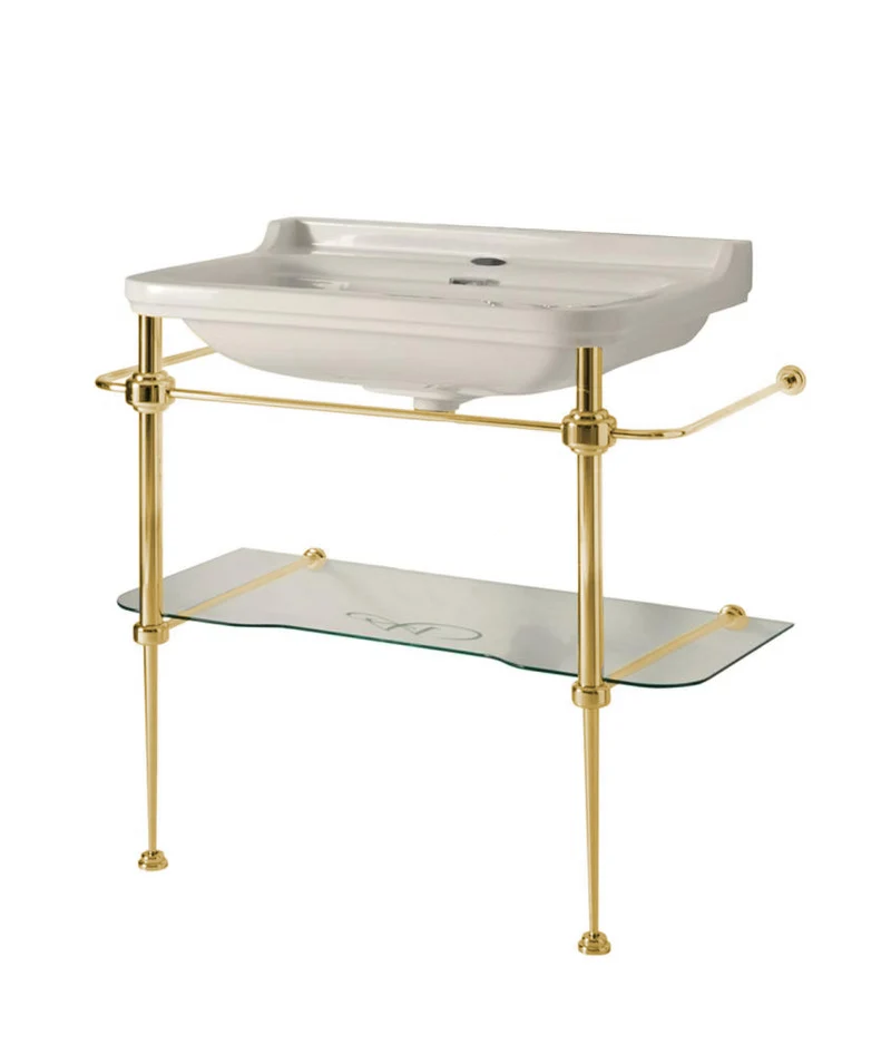 Tvättställ på guldställning med glashylla - Art Deco 88 cm