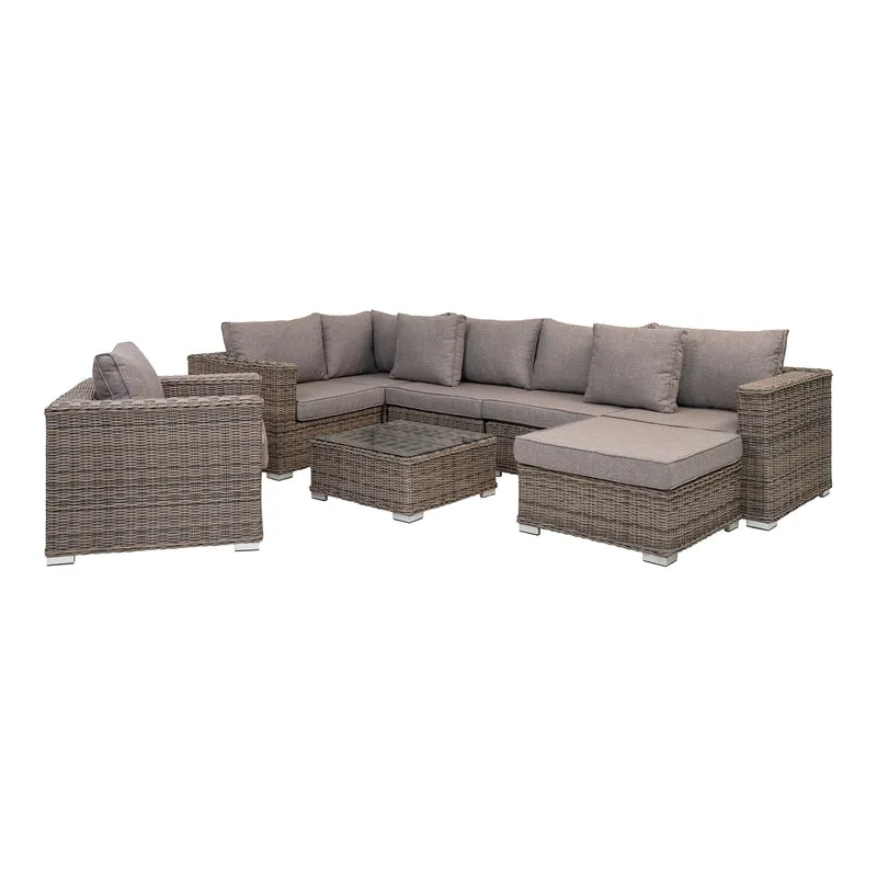 Calvi Lounge Set - soffgrupp, polyrattan/stål/glas, kubu/grå, 318 × 169 × 64 cm