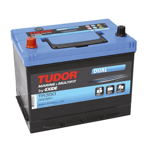 Batteri TR350 Dual, 12V/80Ah. Vikt 19 kg. Mått: L270 x B175 x H225 mm.