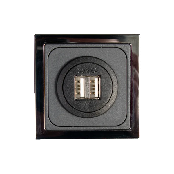 Vägguttag USB dubbel. Färg: grå / ram krom.