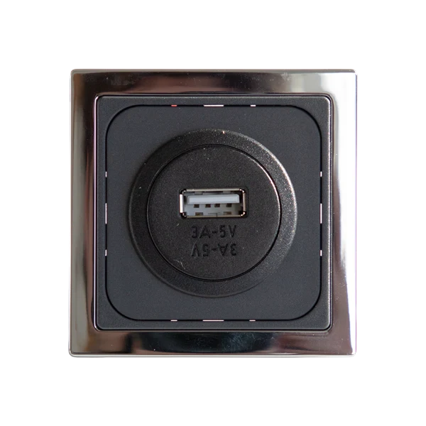 Vägguttag USB enkel. Färg: grå / ram krom.