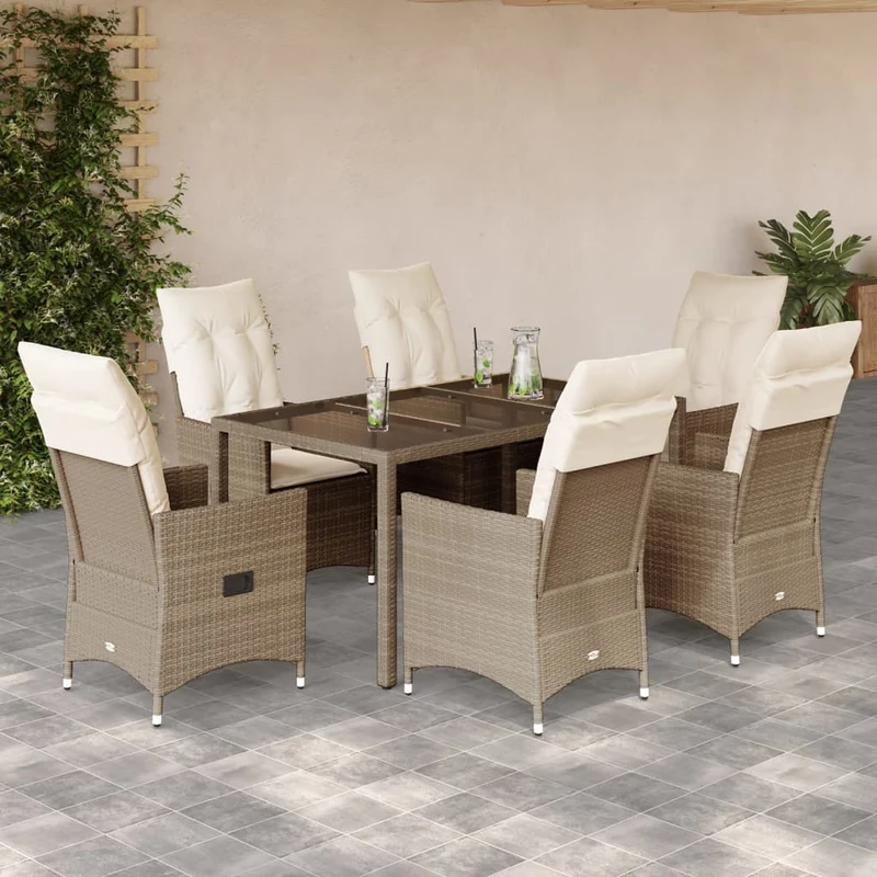 Matgrupp för trädgården med dynor 7 delar beige konstrotting
