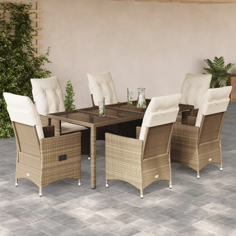 Matgrupp för trädgården med dynor 7 delar beige konstrotting