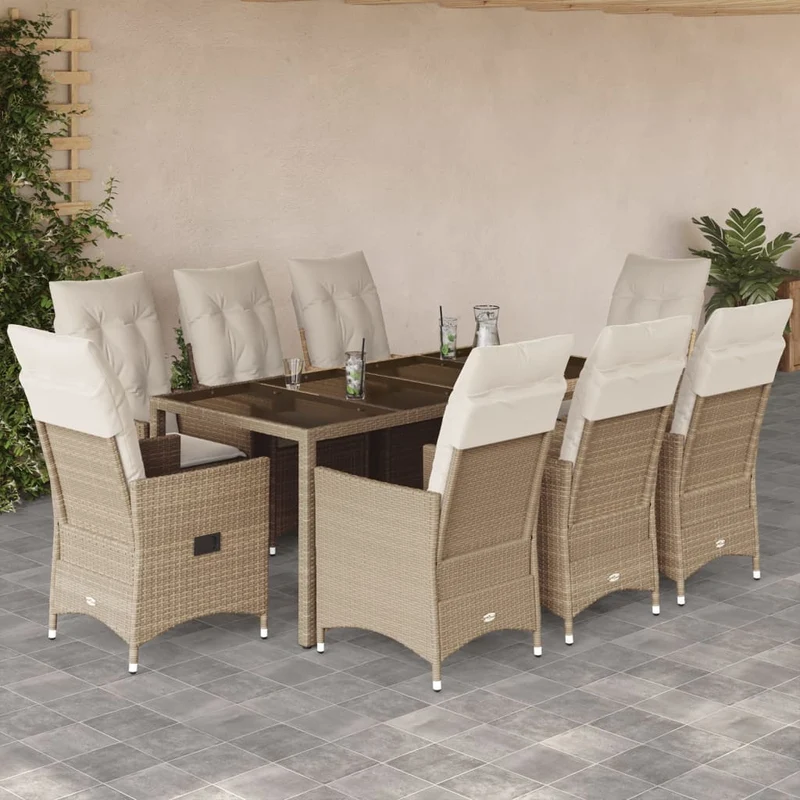 Matgrupp för trädgården med dynor 9 delar beige konstrotting