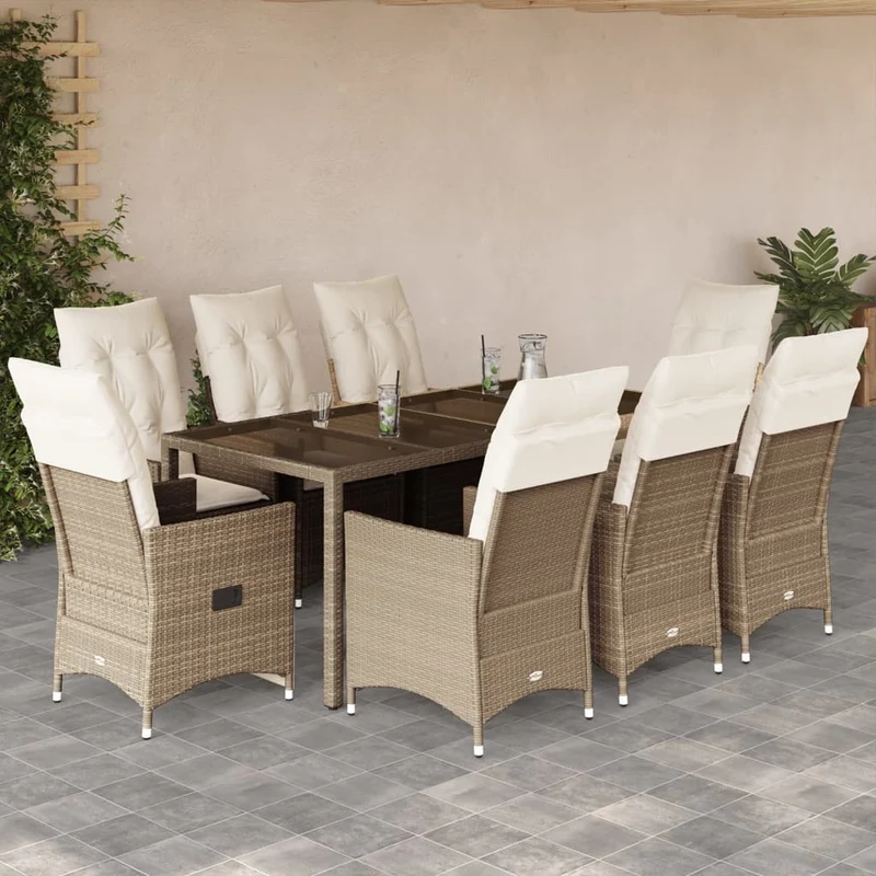 Matgrupp för trädgården med dynor 9 delar beige konstrotting