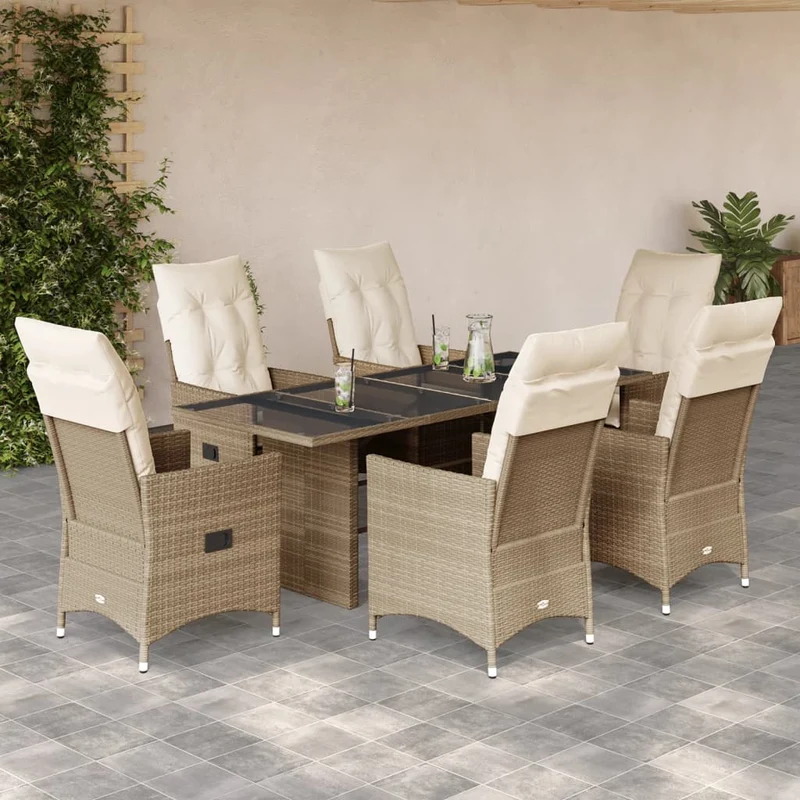 Matgrupp för trädgården med dynor 7 delar beige konstrotting