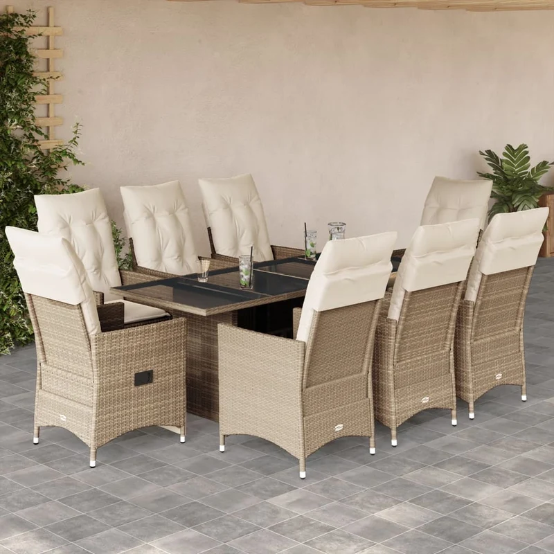Matgrupp för trädgården med dynor 9 delar beige konstrotting