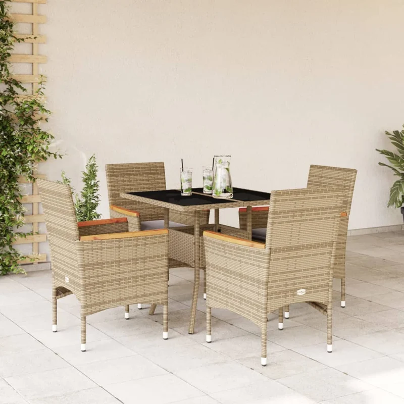 Matgrupp för trädgård med dynor 5 delar beige konstrotting&glas