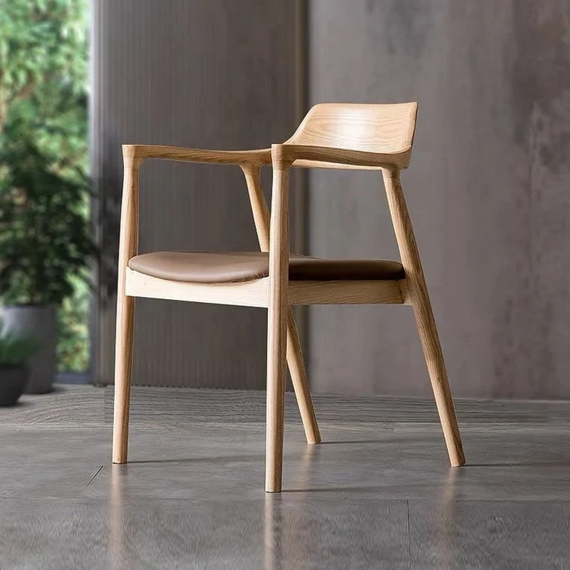 Japandi White Ash Wood Modern Dining Arm Chair