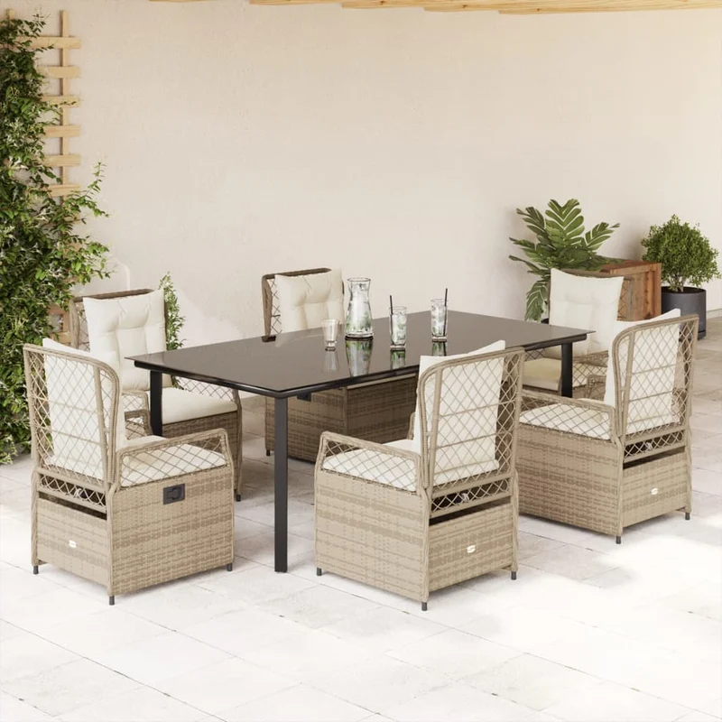 Matgrupp för trädgården med dynor 7 delar beige konstrotting