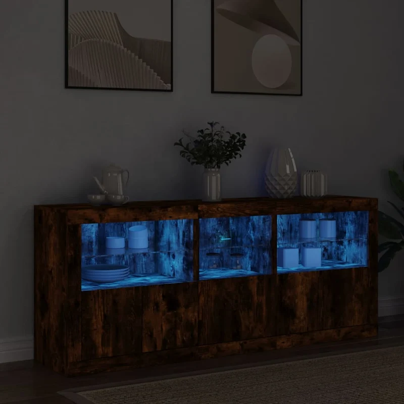 Skänk med LED-belysning rökfärgad ek 162x37x67 cm