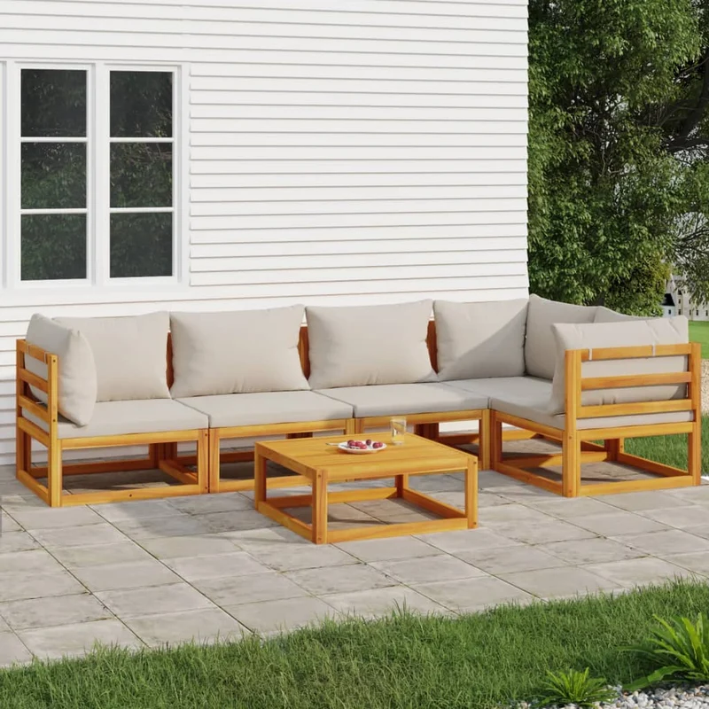 Loungegrupp 6 delar ljusgråa dynor massivt trä
