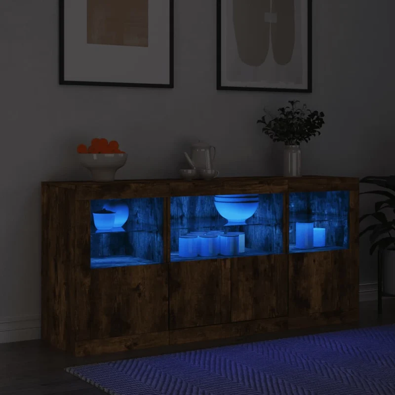 Skänk med LED-belysning rökfärgad ek 142,5x37x67 cm