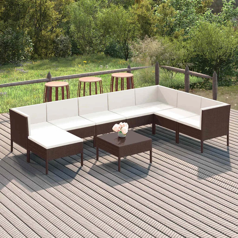 Loungegrupp för trädgården med dynor 9 delar konstrotting brun