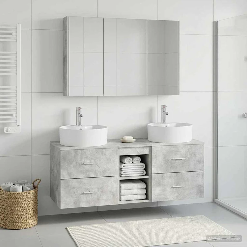 Badrumsmöbelset 4 st Betonggrå Konstruerat trä och glas