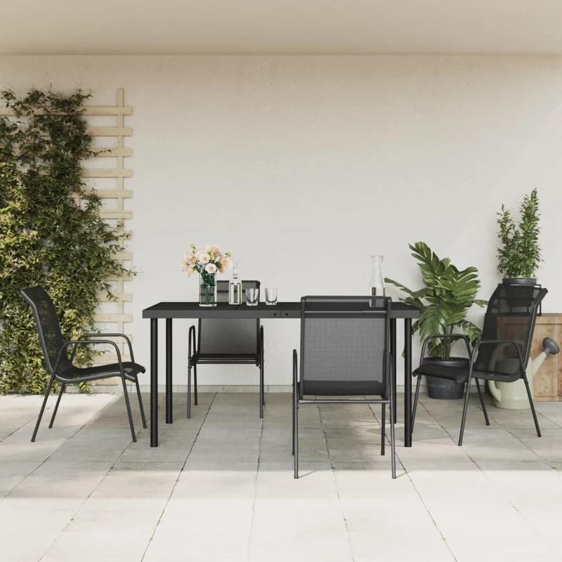 Matgrupp för trädgården 5 delar svart stål och textilen