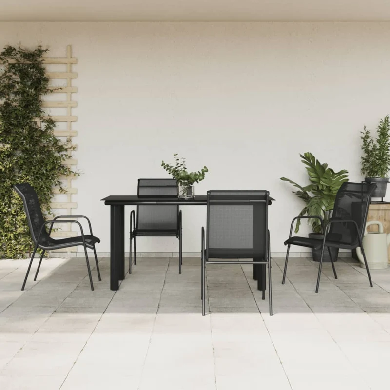 Matgrupp för trädgården 5 delar svart stål och textilen