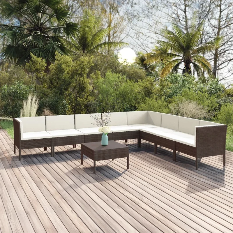 Loungegrupp för trädgården med dynor 9 delar konstrotting brun
