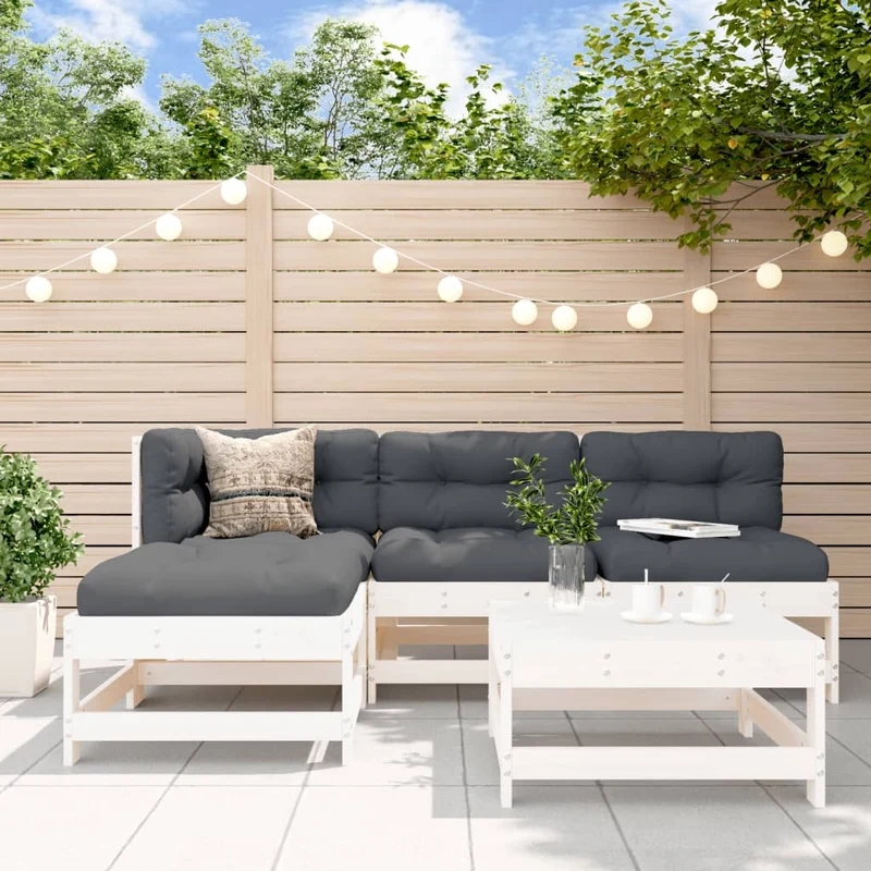 Loungegrupp för trädgården med dynor 5 delar vit massivt trä