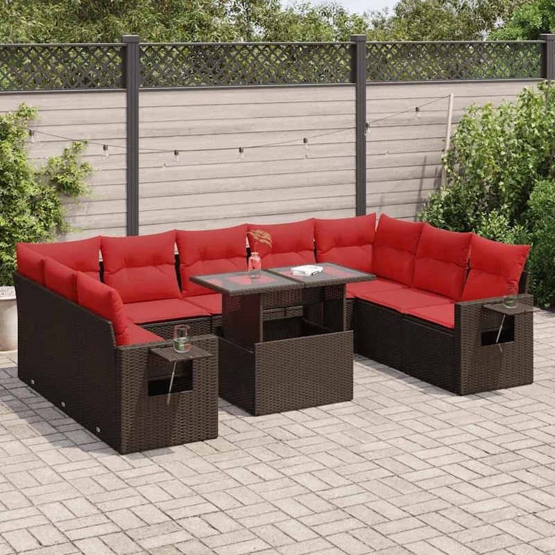 Trädgårdssoffset med dynor 10 delar brun konstrotting akaciaträ