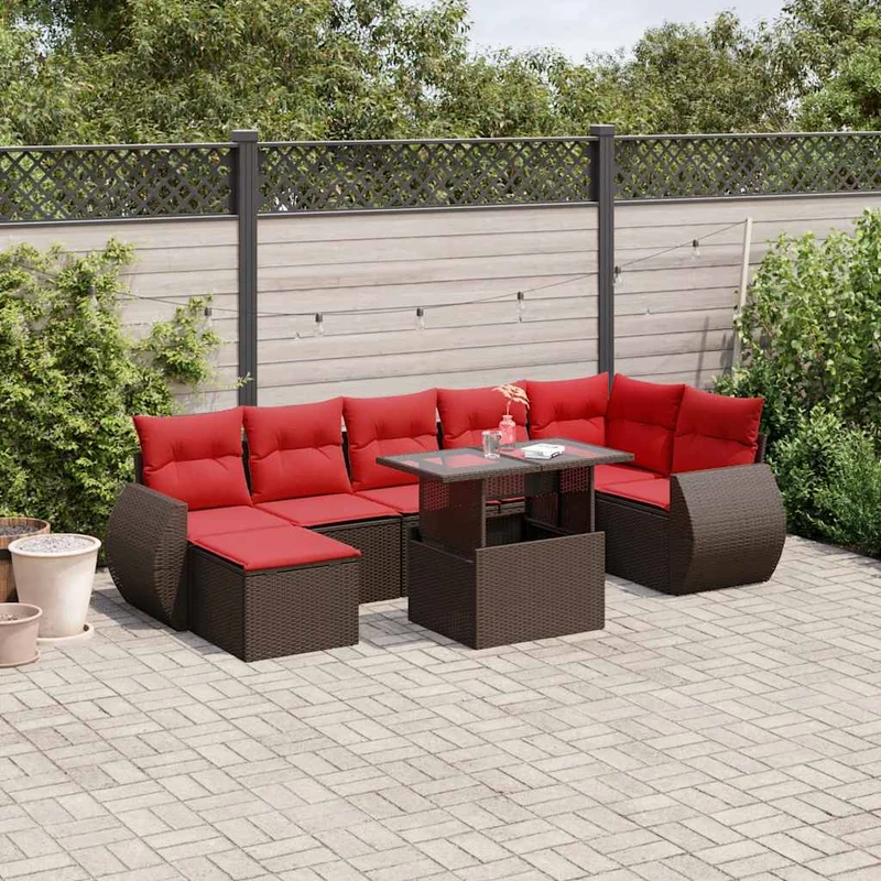 8 delar trädgårdssoffgrupp med dynor brun polyrotting