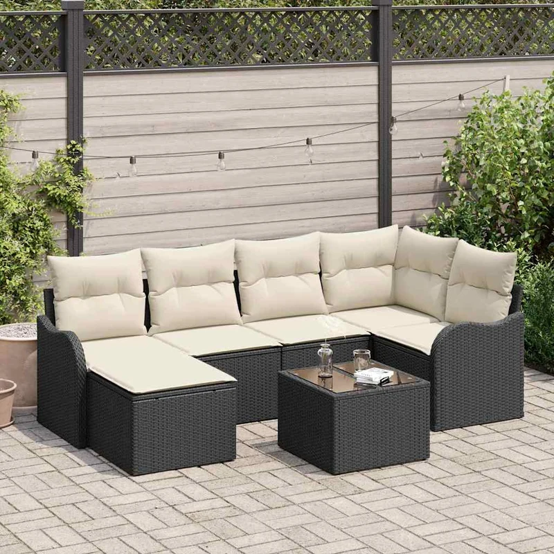 Trädgårdsoffset med kudde 7 st Svart Poly rattan