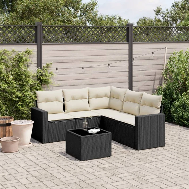 Loungegrupp med dynor 6 delar svart konstrotting
