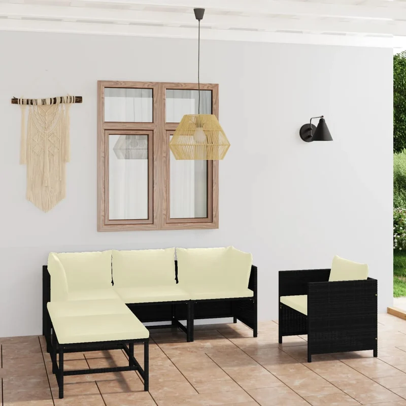 Loungegrupp för trädgården med dynor 6 delar konstrotting svart