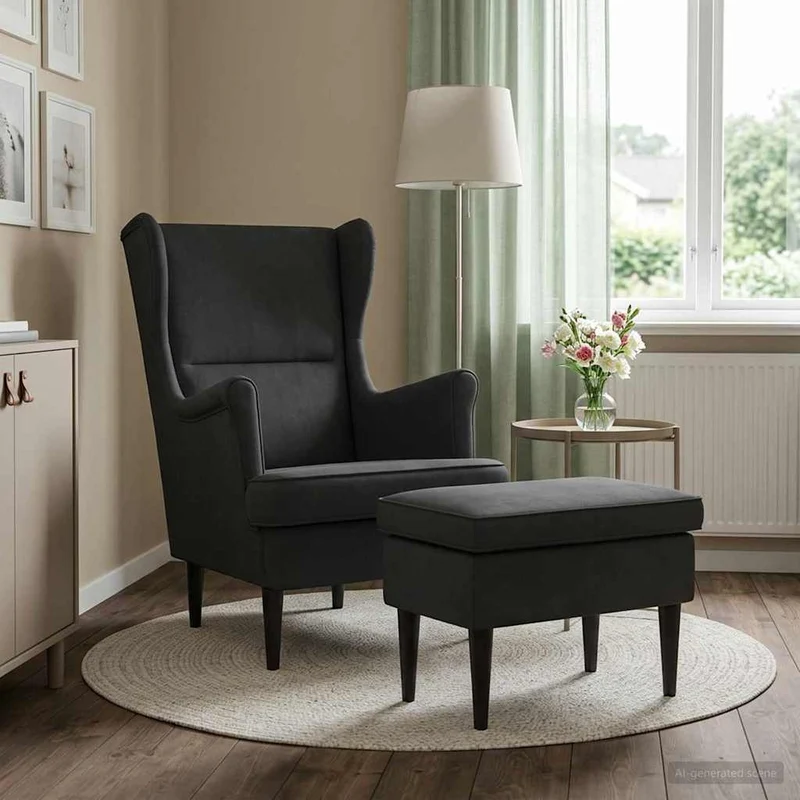 Fåtölj med fotpall 2 st Svart Sammet