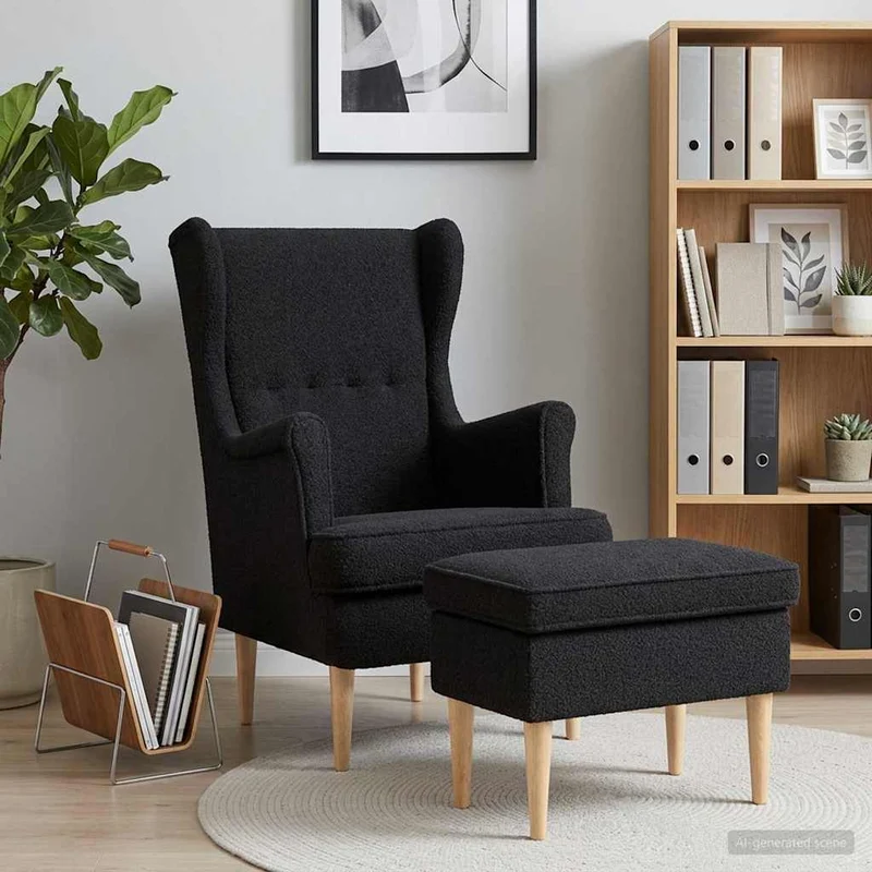 Fåtölj med fotpall 2 st Svart Bouclé