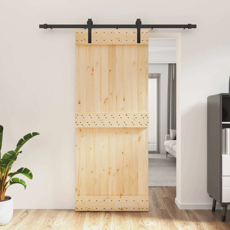 Skjutdörr Naturlig och svart 85 x 210 cm Massiv furuträdörr