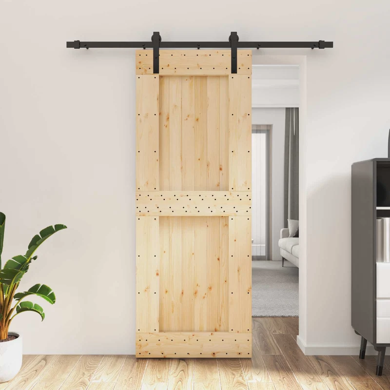 Skjutdörr Naturlig och svart 80 x 210 cm Massiv furuträdörr