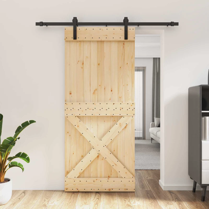 Skjutdörr Naturlig och svart 90 x 210 cm Massiv furuträdörr