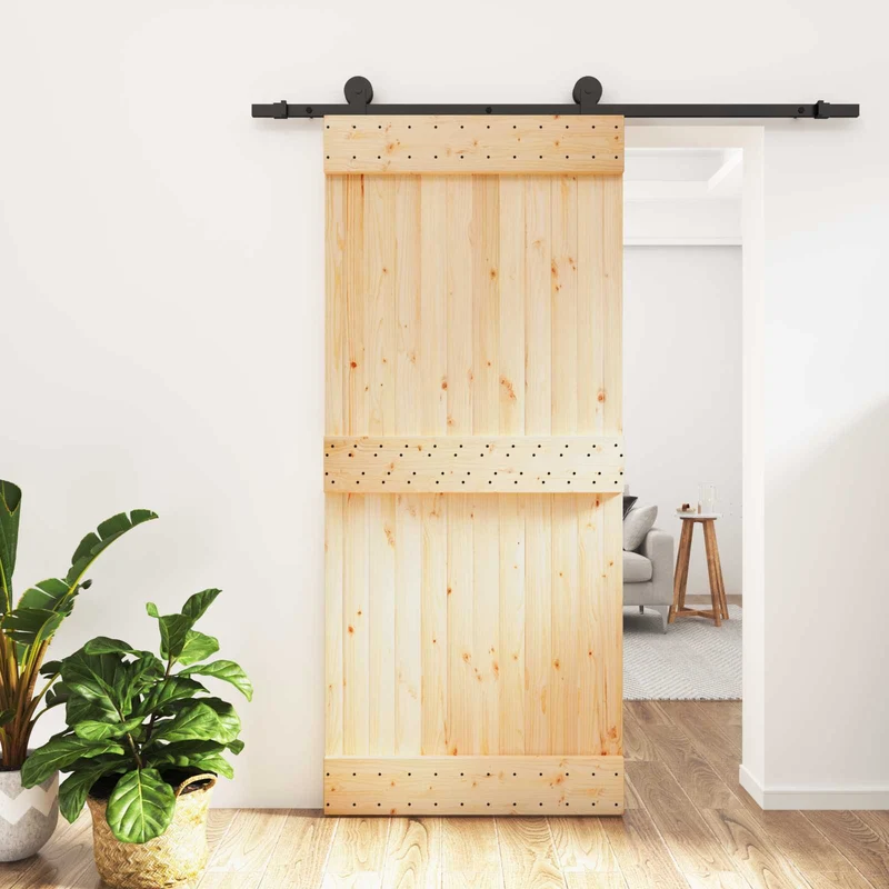 Skjutdörr Naturlig och svart 90 x 210 cm Massiv furuträdörr