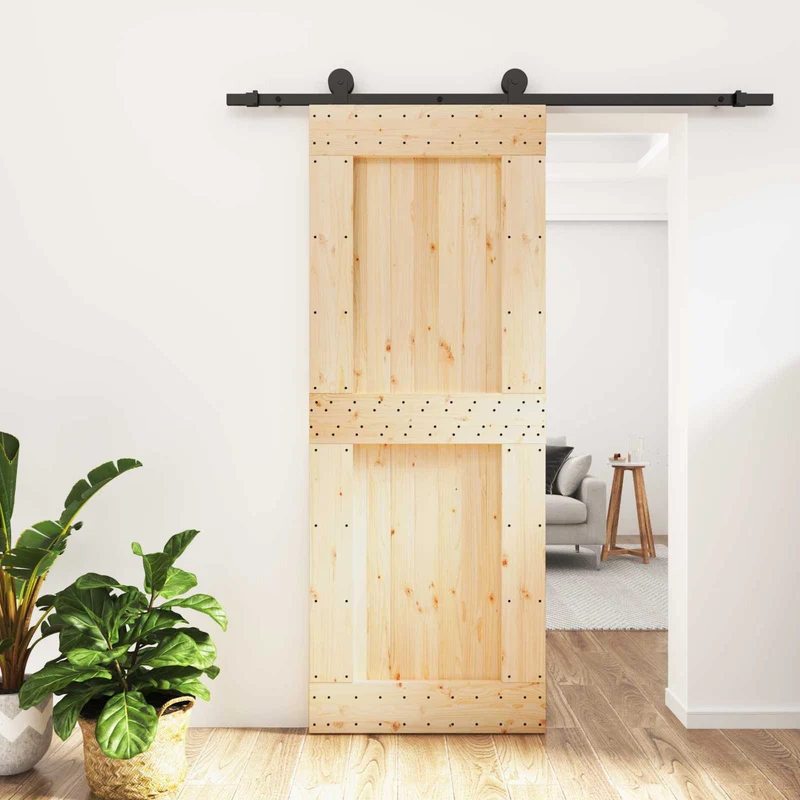Skjutdörr Naturlig och svart 80 x 210 cm Massiv furuträdörr