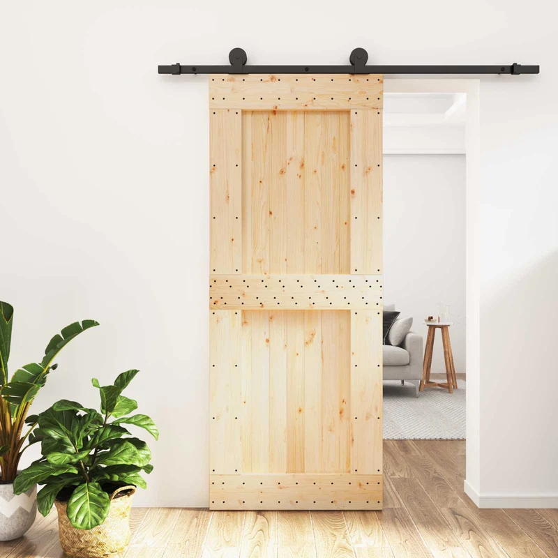 Skjutdörr Naturlig och svart 85 x 210 cm Massiv furuträdörr