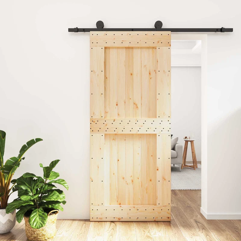 Skjutdörr Naturlig och svart 90 x 210 cm Massiv furuträdörr