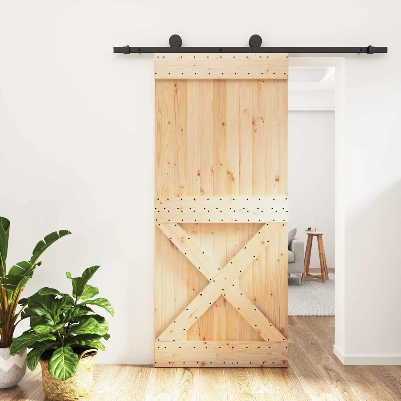 Skjutdörr Naturlig och svart 90 x 210 cm Massiv furuträdörr