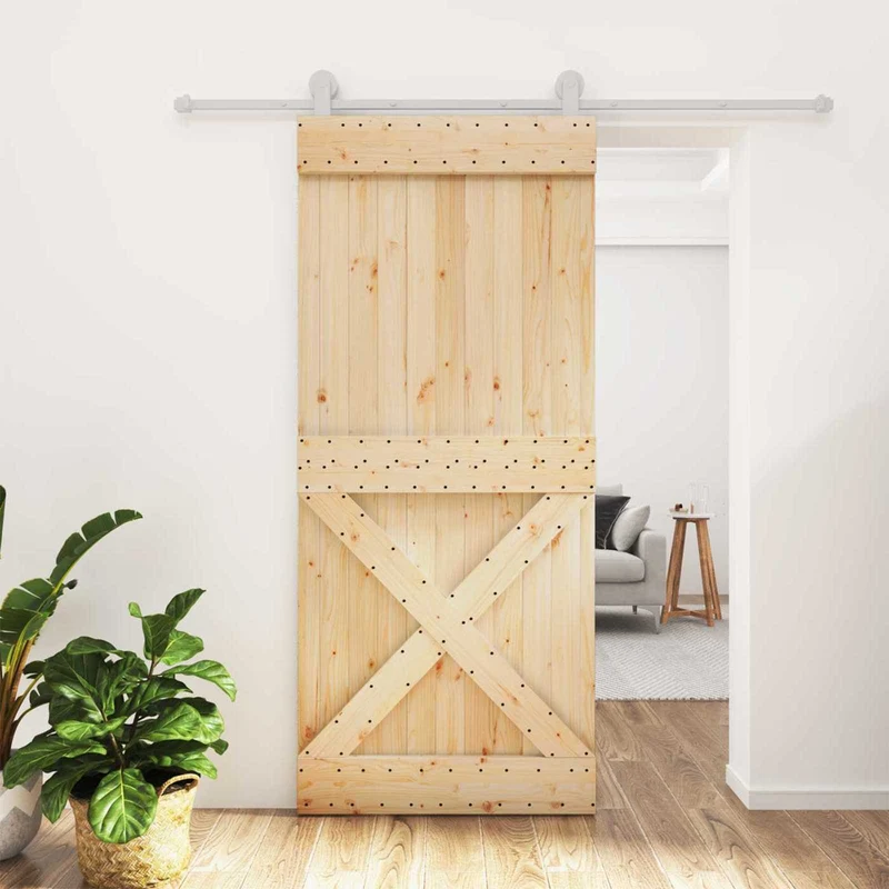 Skjutdörr Naturlig och vit 90 x 210 cm Massiv furuträdörr
