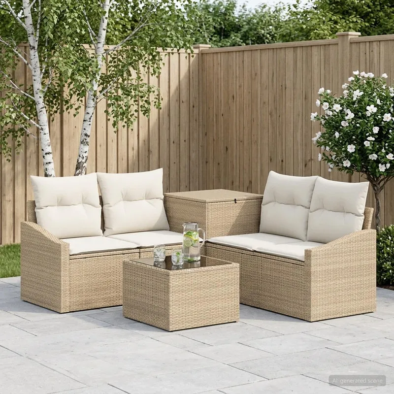 Soffset 6 st Beige och krämvit Poly Rattan och stål