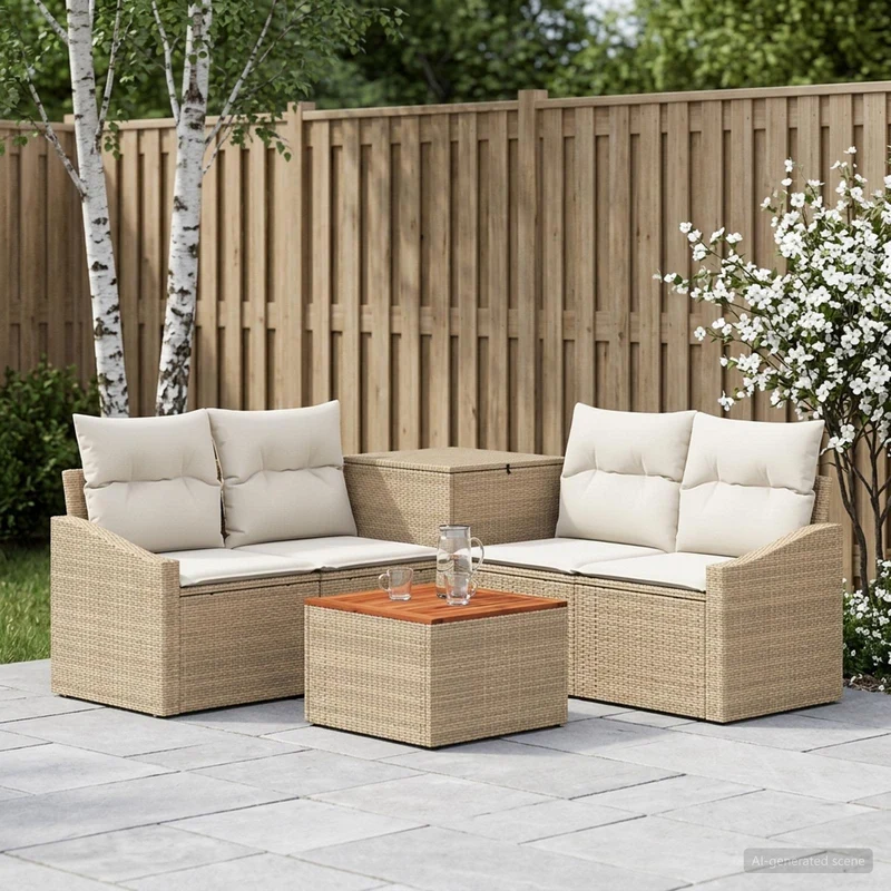 Soffset 6 st Beige och krämvit Poly Rattan och stål