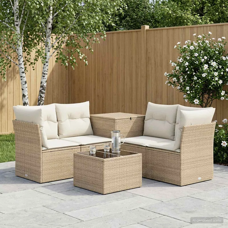 Soffset 6 st Beige och krämvit Poly Rattan och stål