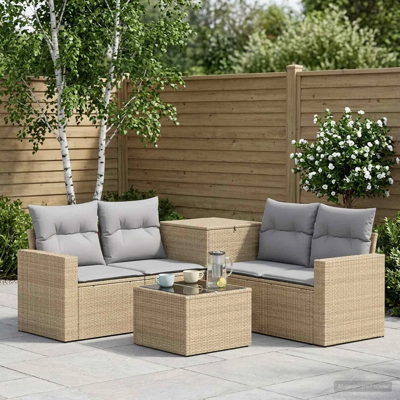 Soffset 6 st Beige och Ljusgrå Poly Rattan och stål