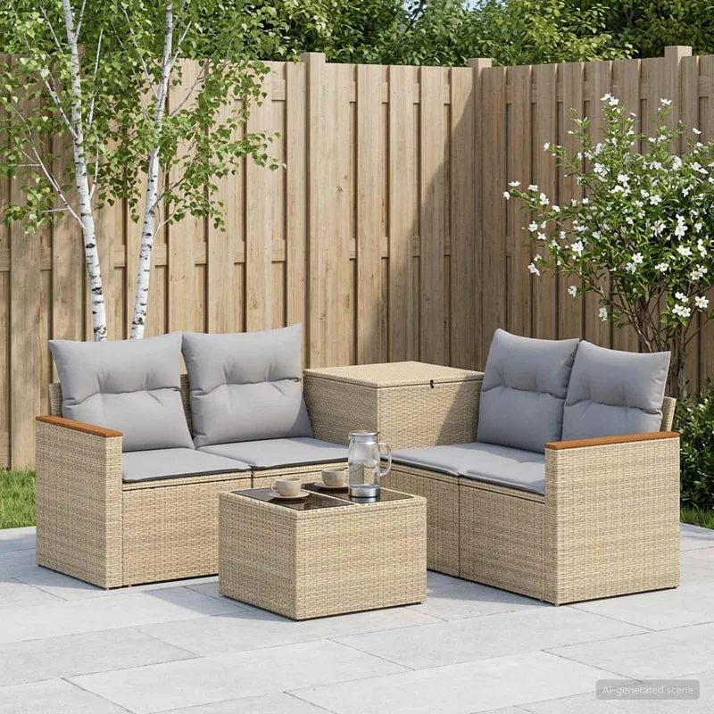 Soffset 6 st Beige och Ljusgrå Poly Rattan och stål