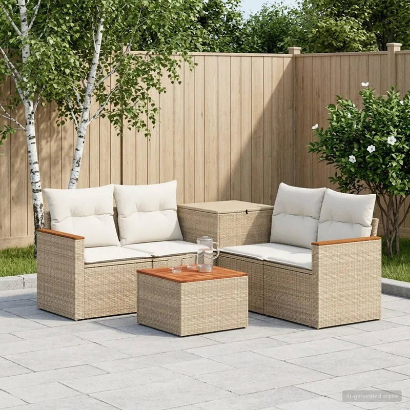 Soffset 6 st Beige och krämvit Poly Rattan och stål