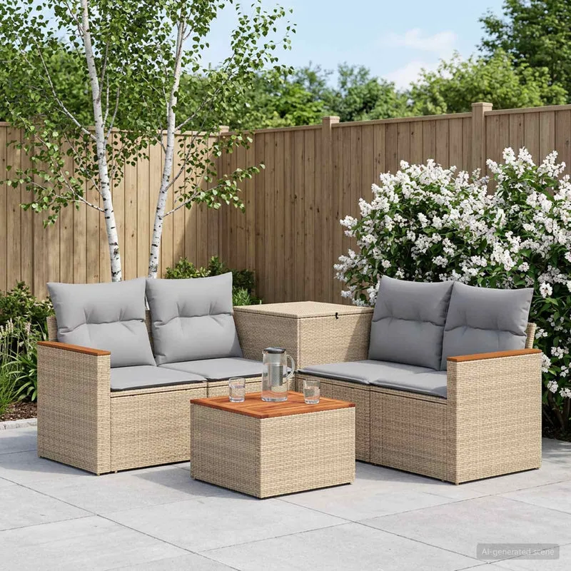 Soffset 6 st Beige och Ljusgrå Poly Rattan och stål