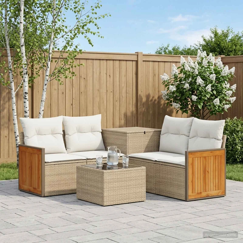 Soffset 6 st Beige och krämvit Poly Rattan och stål