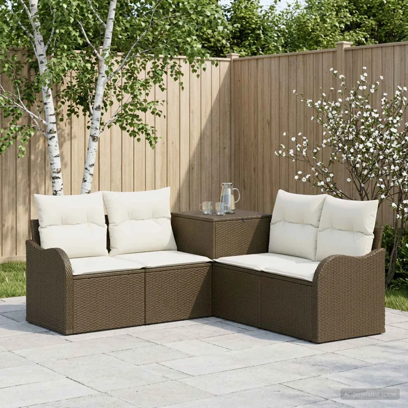 Soffset 5 st Brun och krämvit Poly Rattan och stål