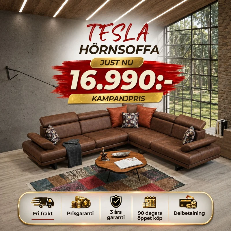 🎯 Tesla Hörnsoffa - Grå (Nubuck)