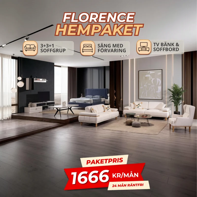 2️⃣0️⃣ FLORENCE HemPaket (Bodrum-B 3+3+1 Soffgrupp – Savana TV-Bänk – Savana Soffbord – Savana Säng med förvaring)